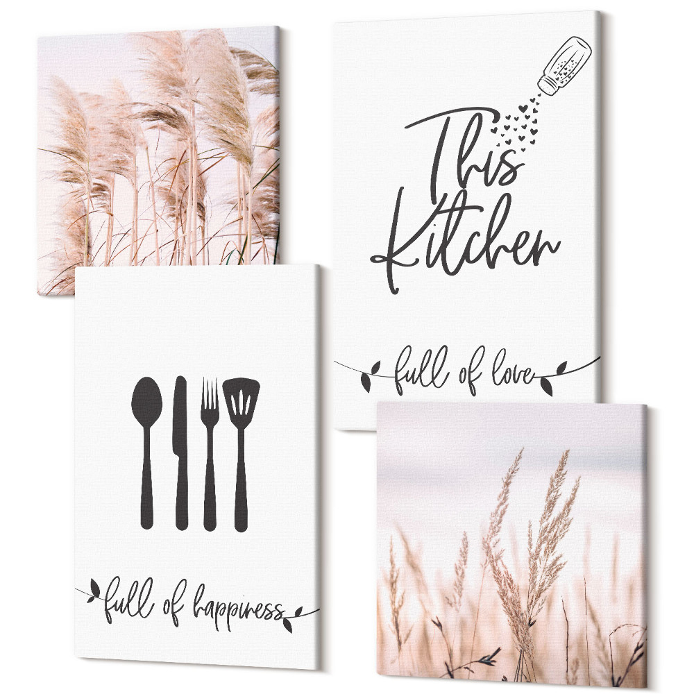 Négy részes vászonkép szett Konyhai feliratok finom boho fű