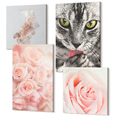 Négy részes vászonkép Szürke macska finom rózsák finom absztrakció