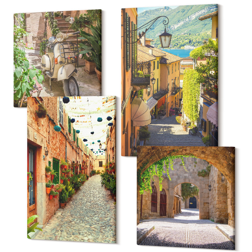 Négy részes vászonkép Bájos utcák növényekkel és olasz pizzával