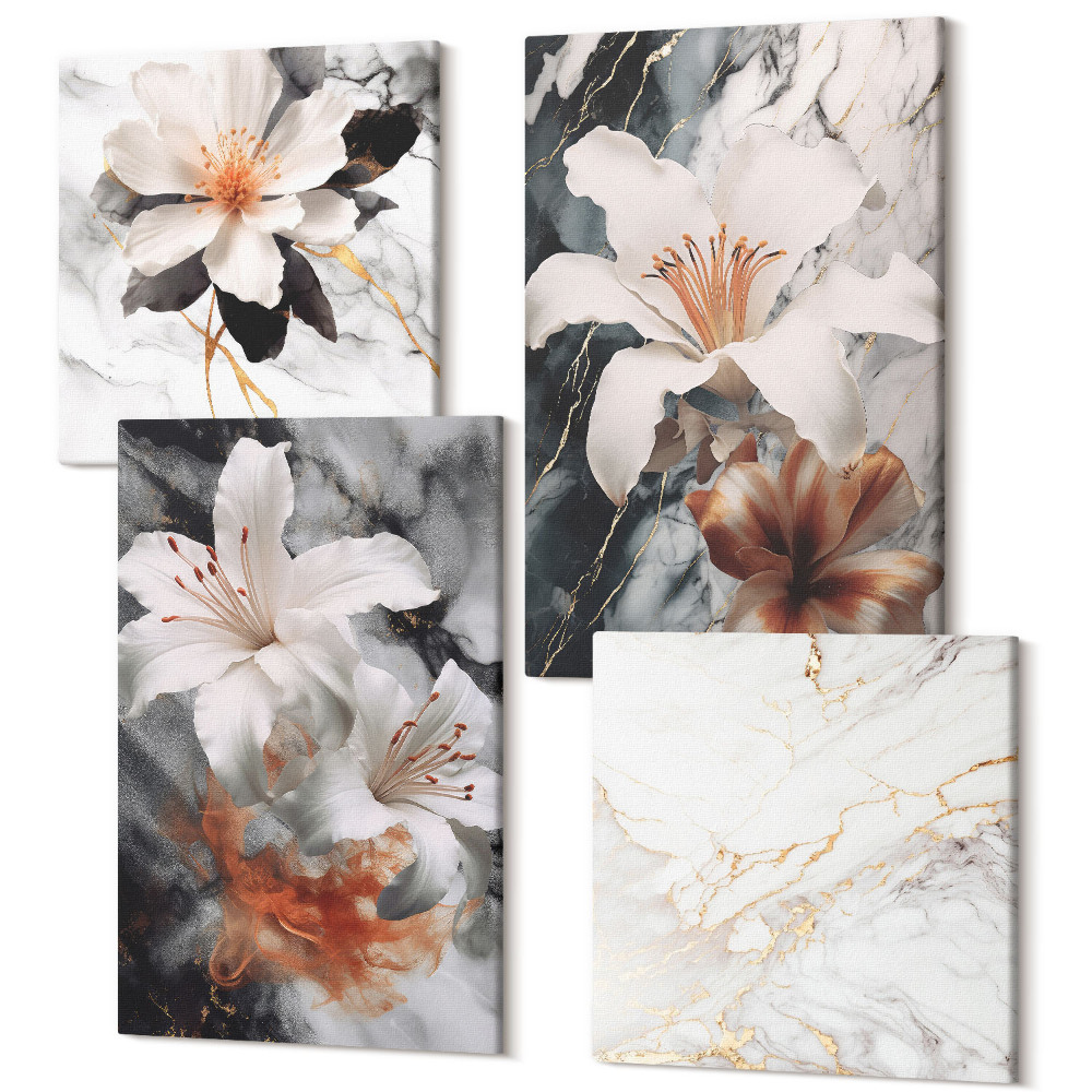 Négy részes vászonkép Virágok márvány alapon fehér és fekete árnyalatokban