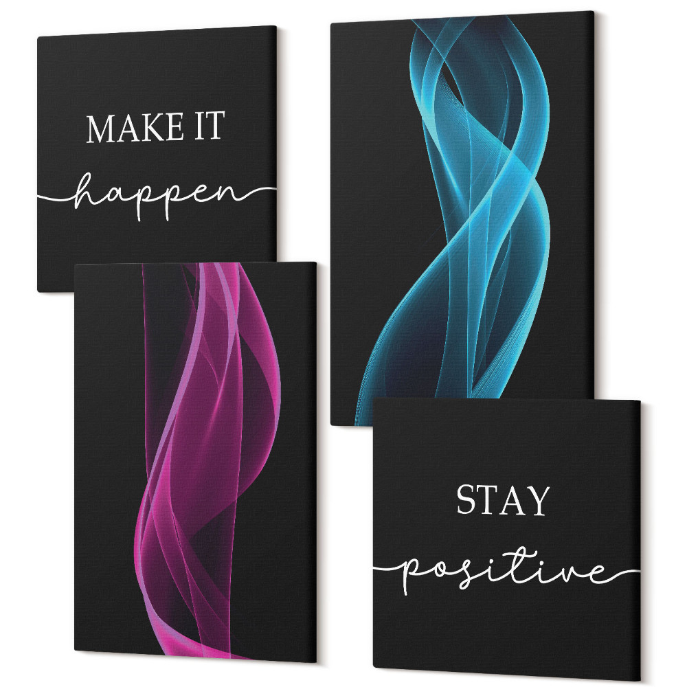 Négy részes vászonkép szett Színes neon vonalak hullámai sötét háttéren