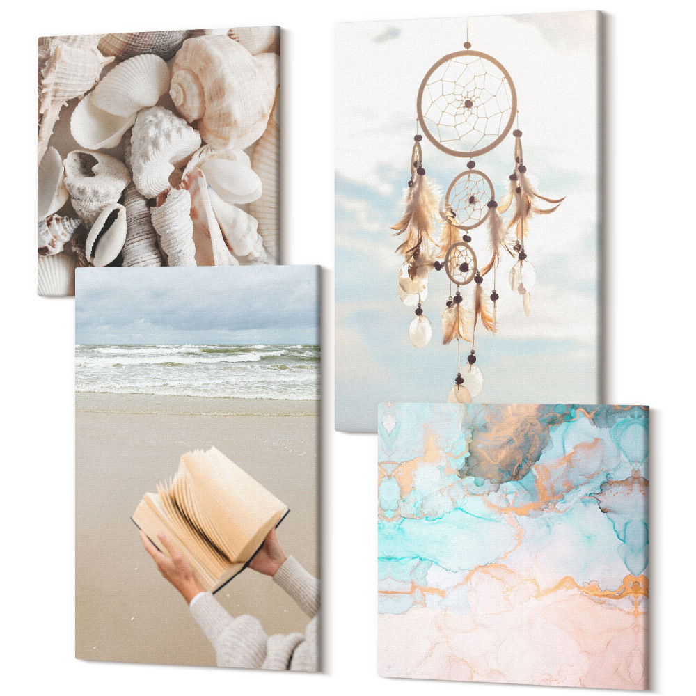 Négy részes vászonkép szett Tengeri kagylók olvasókönyv és bohó álomfogó