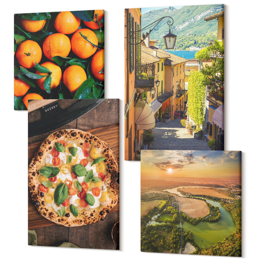 Négy részes vászonkép Olasz tájak folyóval, dombokkal és városi utcával