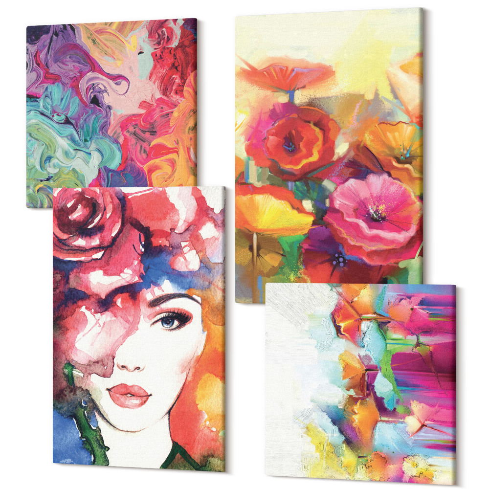 Négy részes vászonkép Virágok intenzív színekben, női portré, absztrakt