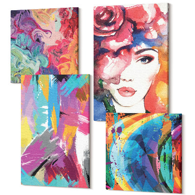 Négy részes vászonkép szett Színes absztrakt festék portré egy nő