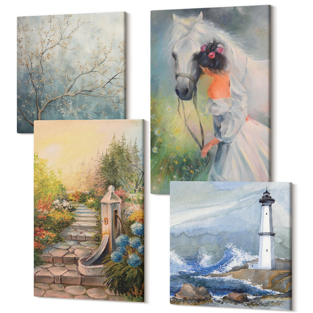 Négy részes vászonkép Természeti tájak világítótorony és a lány lóval