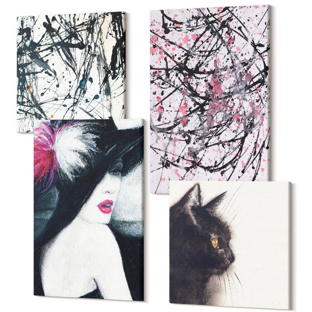 Négy részes vászonkép Absztrakt festék minták nő kalap macska