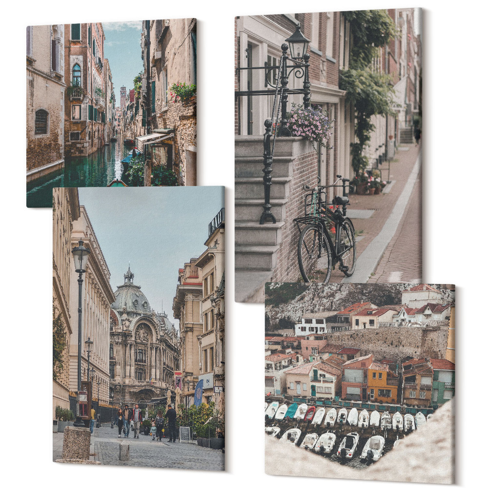 Négy részes vászonkép Bájos városi utcák, kilátással a kikötőkre és az épületekre