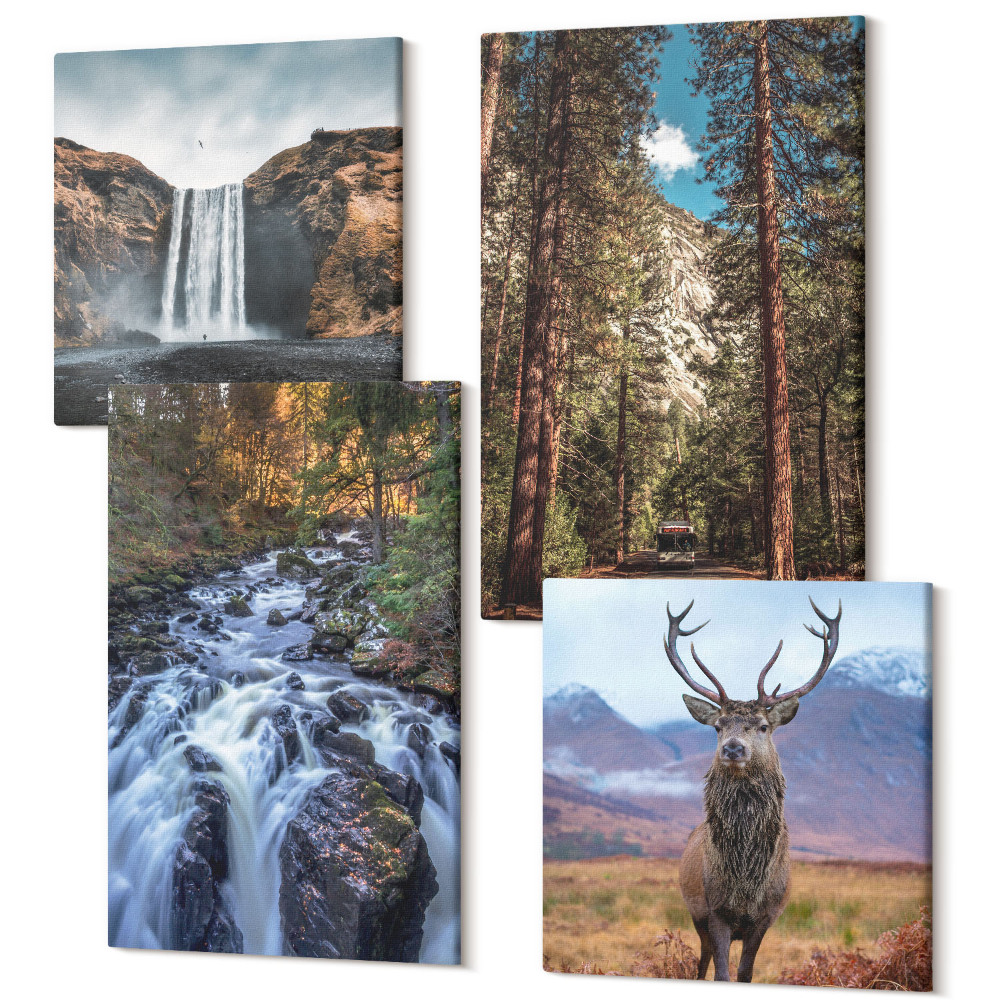 Négy részes vászonkép szett Vízesés az erdőben, a hegyek és a szarvas a természetben