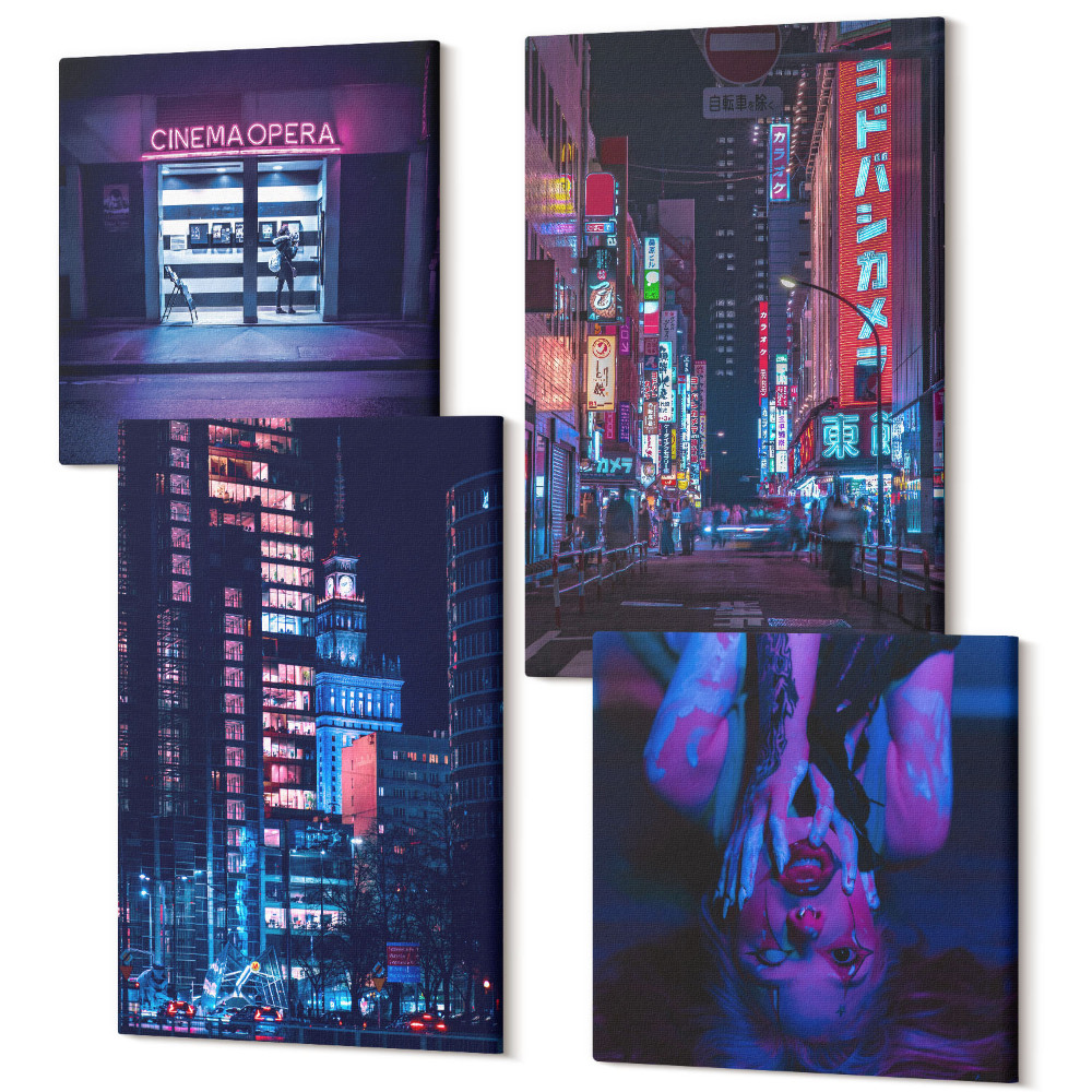 Négy részes vászonkép Éjszakai város neonfényekkel és mozi bejárattal