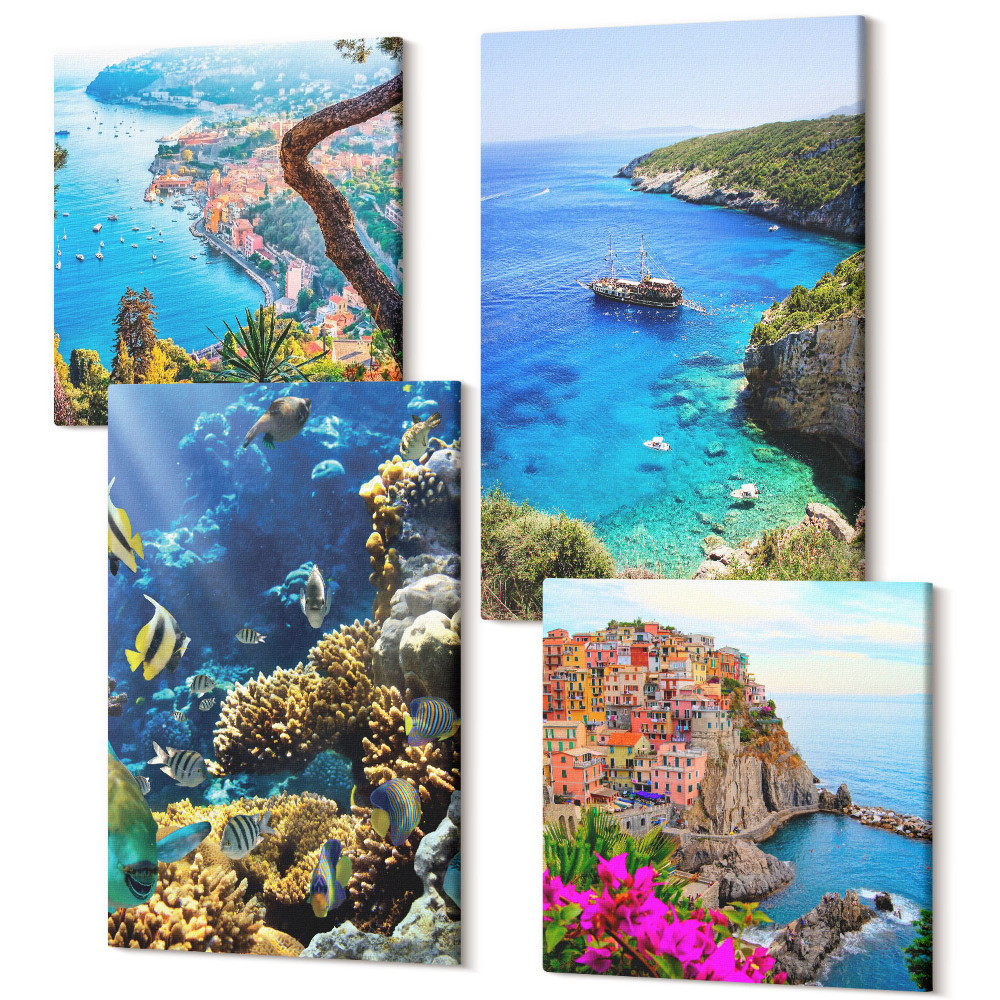 Négy részes vászonkép Tengerparti kilátás színes házakkal és korallzátonyokkal
