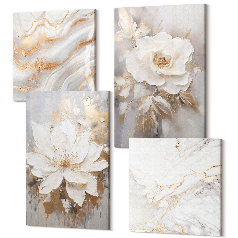 Négy részes vászonkép szett Virágok világos háttéren absztrakt márvány mintákkal