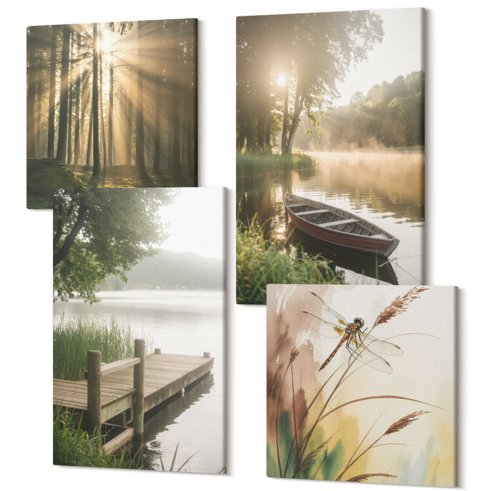 Négy részes vászonkép szett Nyugodt tó, erdő és hajó a reggeli ködben