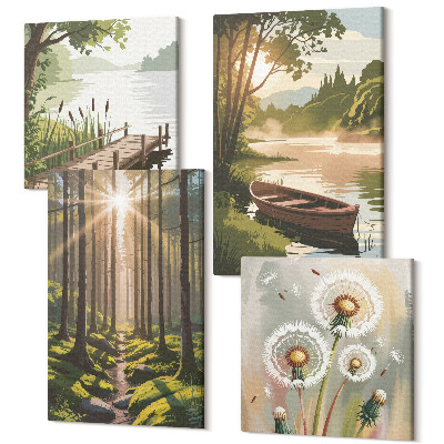 Négy részes vászonkép Békés tájak az erdő és a tó csónakkal