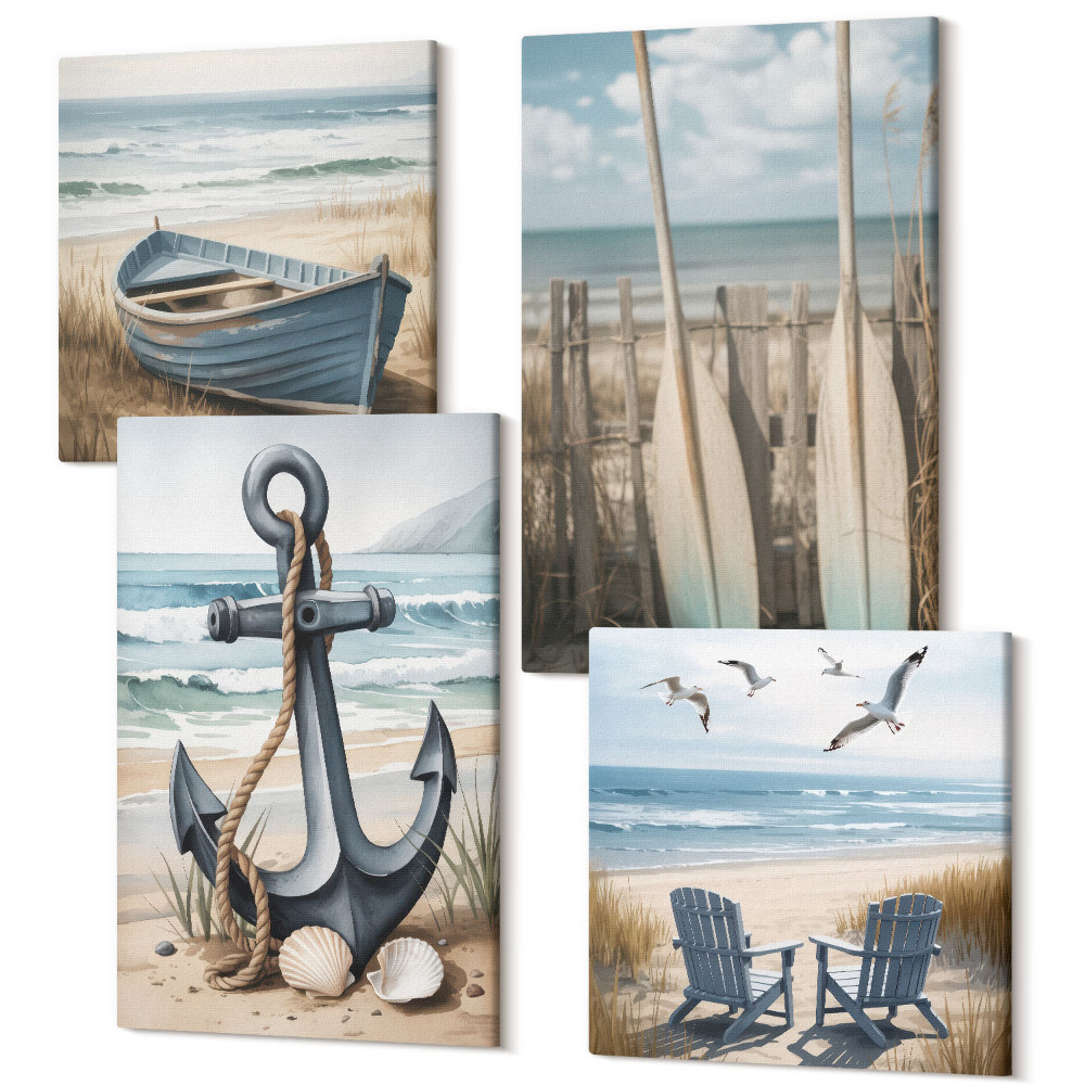 Négy részes vászonkép szett Csónakhorgony és evezők a tengerparton a tengerrel