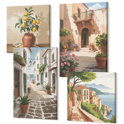 Négy részes vászonkép Festői utcák házakkal és cserepes növényekkel