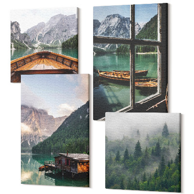 Négy részes vászonkép szett Hegyi tó csónakkal és faházakkal
