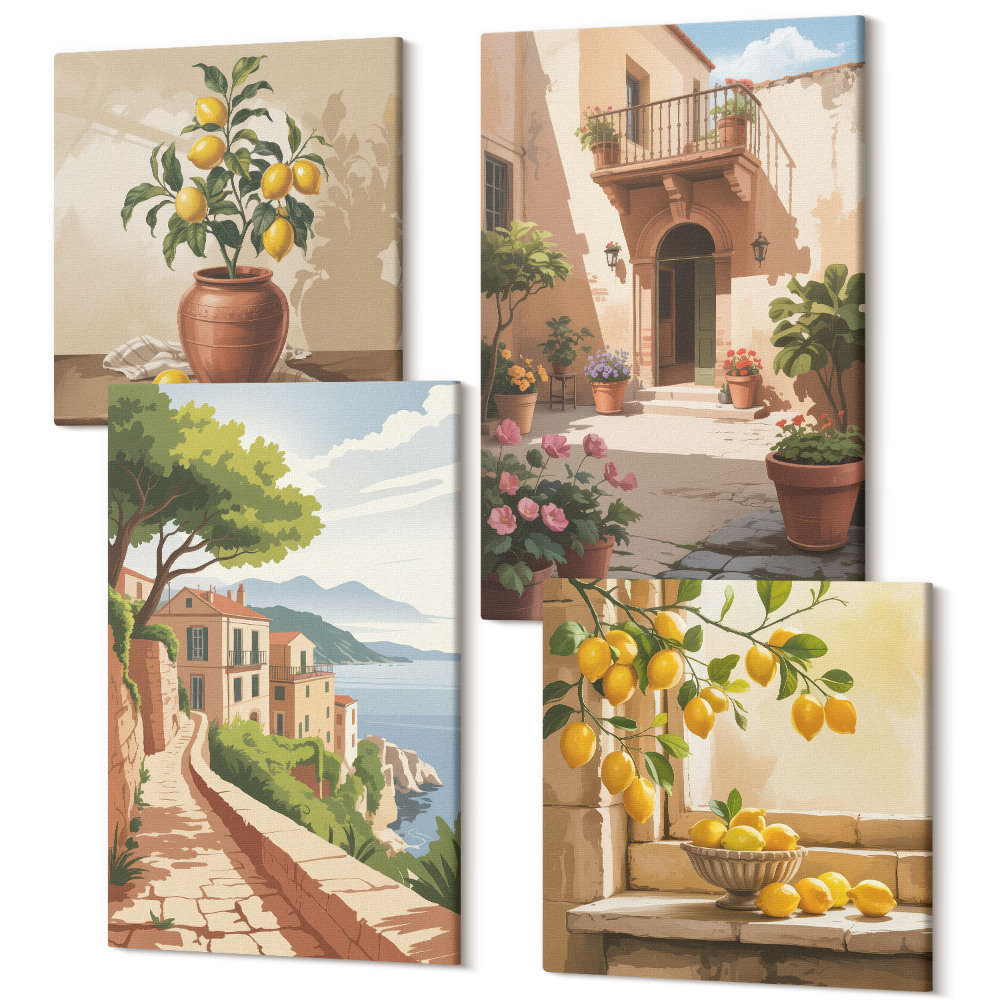 Négy részes vászonkép Citrusfélék a konyhában, kilátással a tengerre és a bájos városra