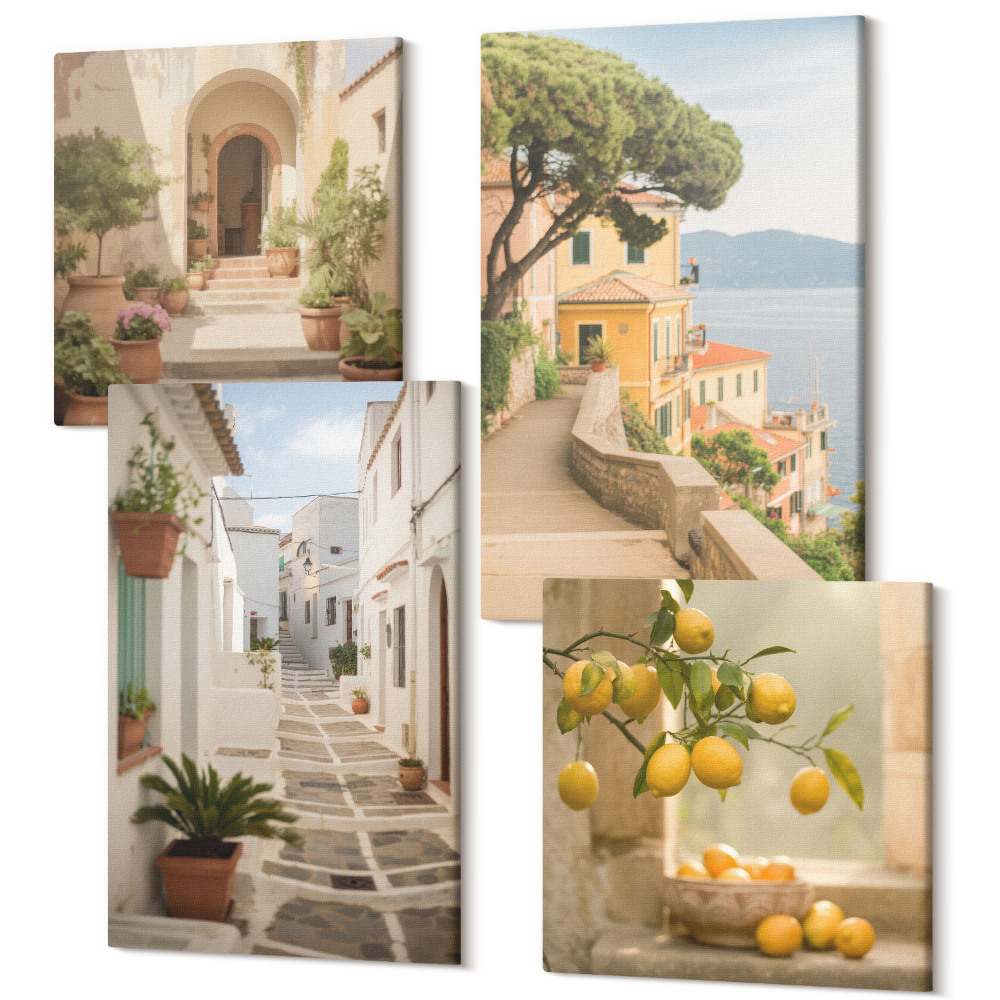 Négy részes vászonkép szett Citrusfa kilátás az ablakból és a tengerparti építészet