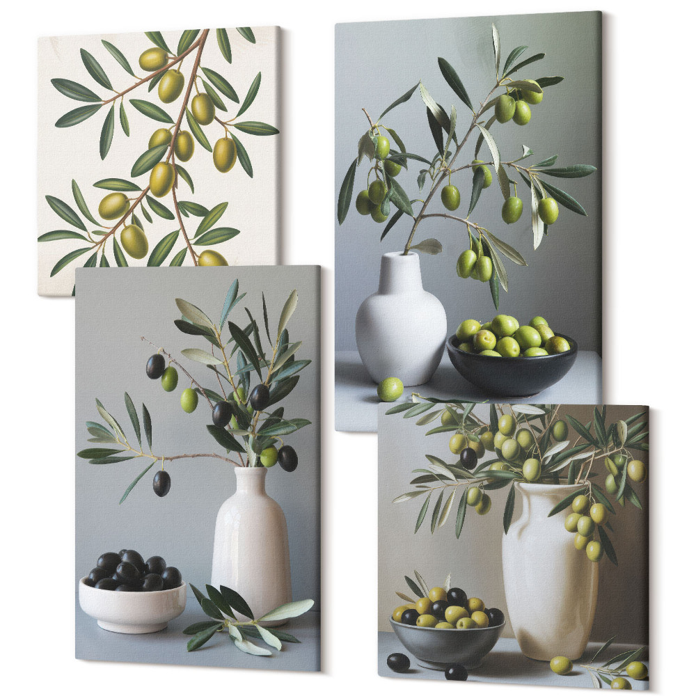 Négy részes vászonkép Olajbogyó vázákban a háttérben a tompa színek