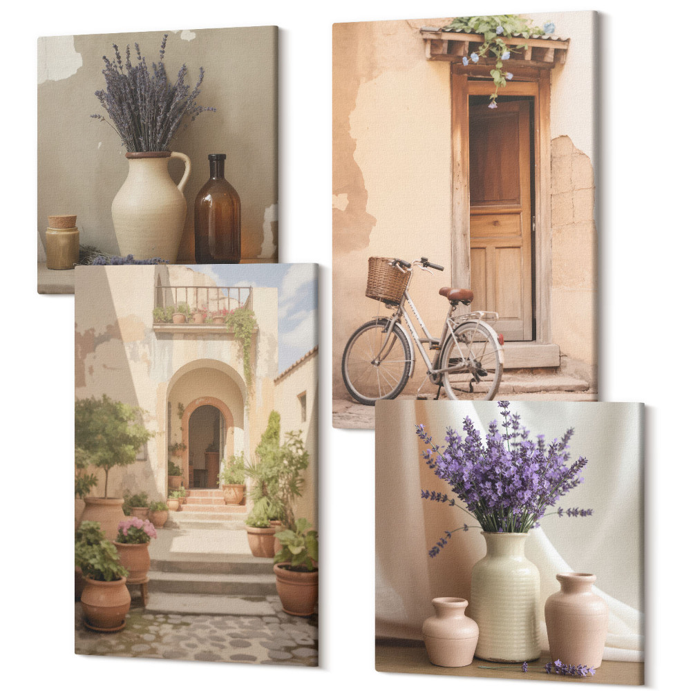 Négy részes vászonkép szett Levendula virágok, olajbogyó és olasz építészet