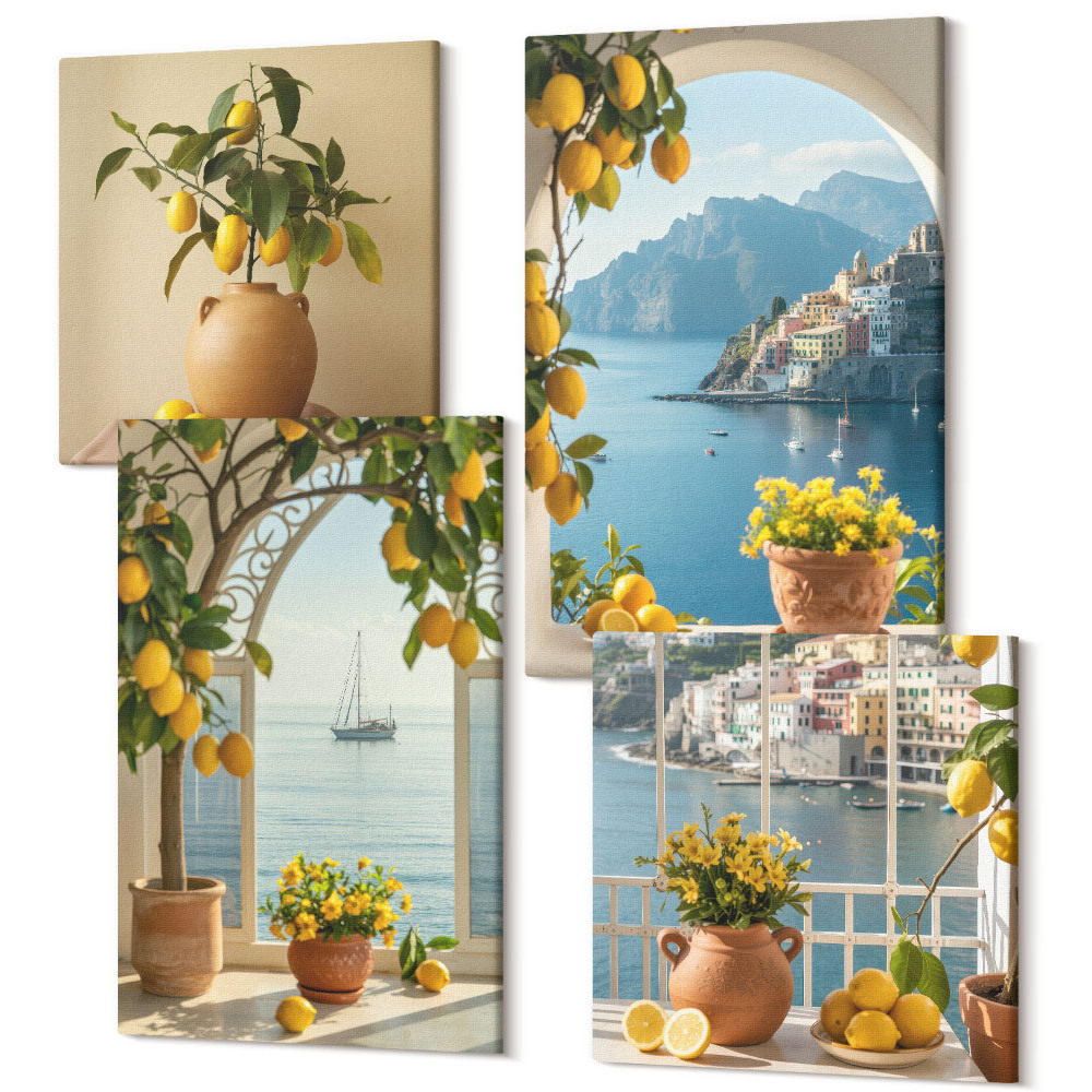 Négy részes vászonkép szett Tengerparti város citrom és virágok cserépben