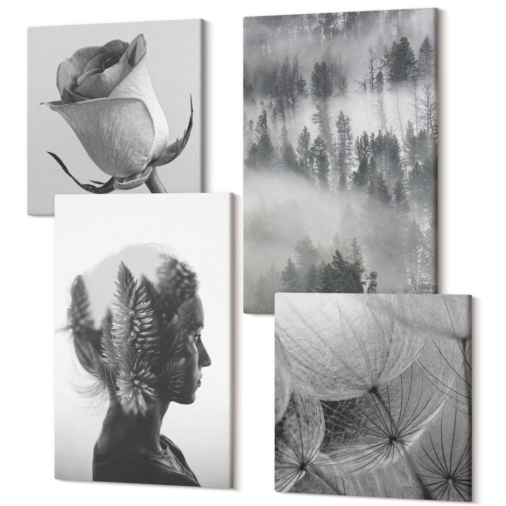 Négy részes vászonkép szett Melankolikus erdő a ködben egy nő portréja növények