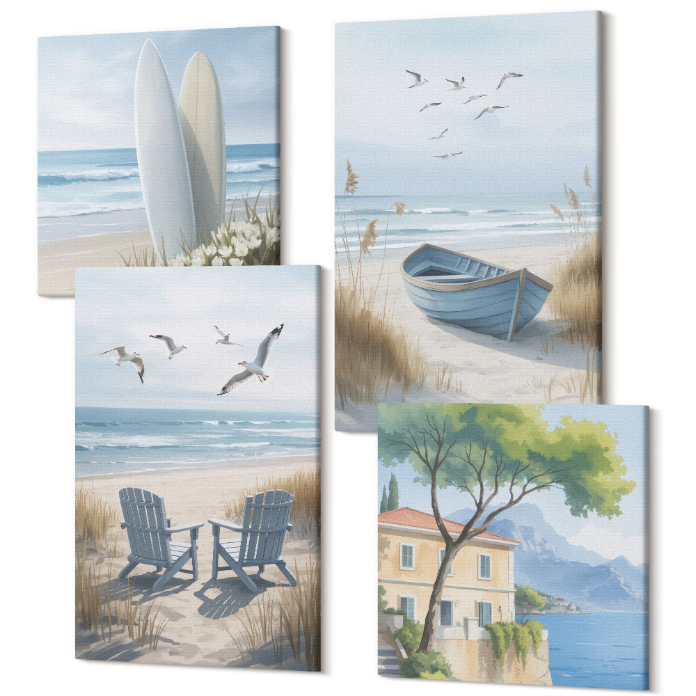 Négy részes vászonkép szett Strand szörfdeszkákkal, csónakokkal és madarakkal
