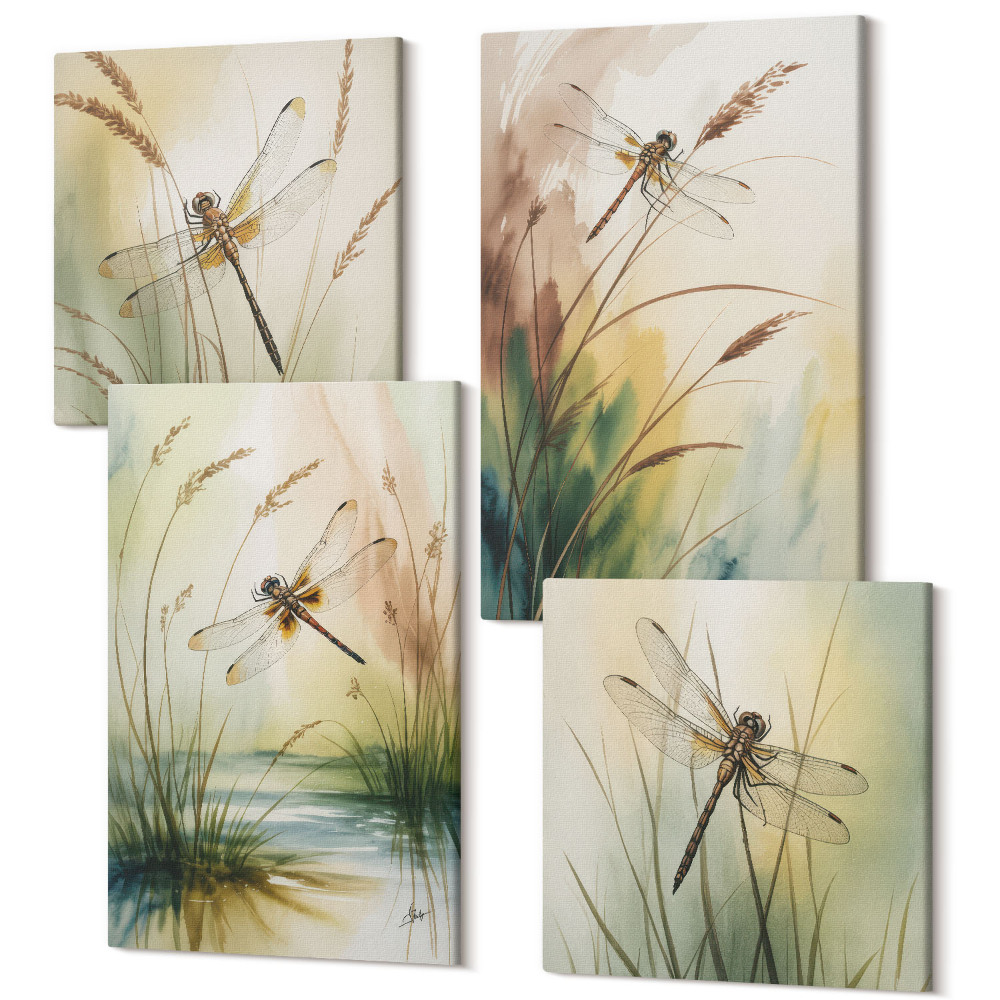 Négy részes vászonkép szett Szitakötők a víz melletti fű között festői stílusban