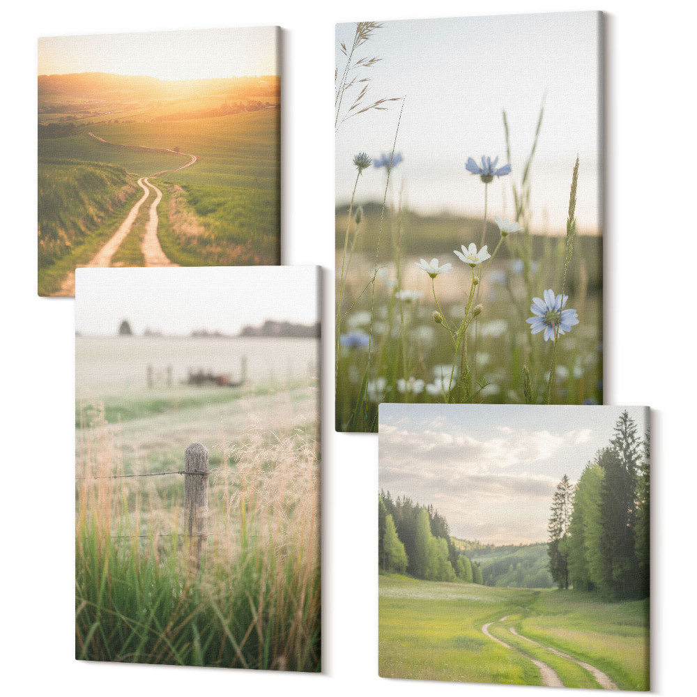 Négy részes vászonkép szett Természeti tájak mezőkkel és egy ösvény a napon