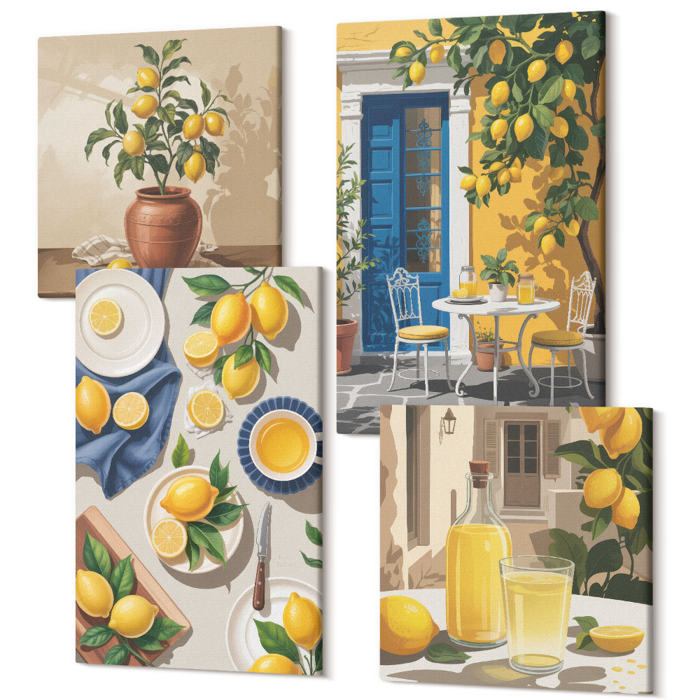 Négy részes vászonkép Citromos kert citrommal és italokkal az asztalon