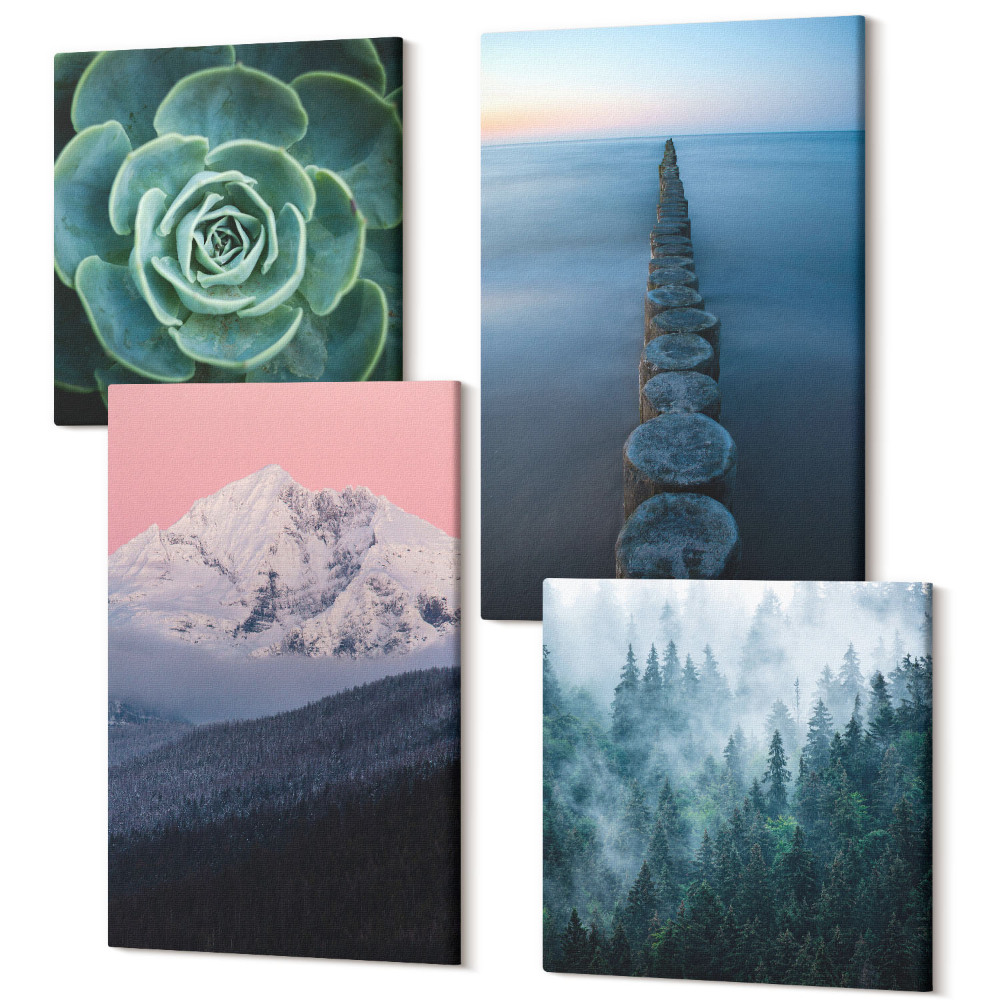 Négy részes vászonkép Hegyek rózsaszín égbolttal, vízzel és zöld zamatos