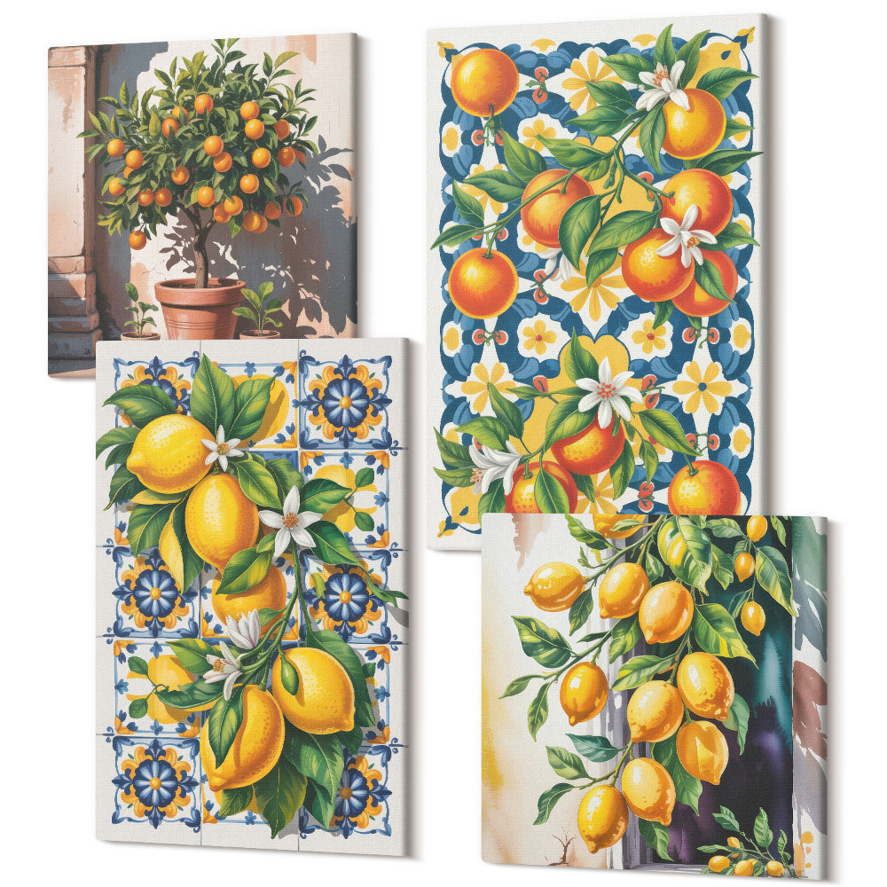 Négy részes vászonkép szett Citrus és színes absztrakt minták poszterek