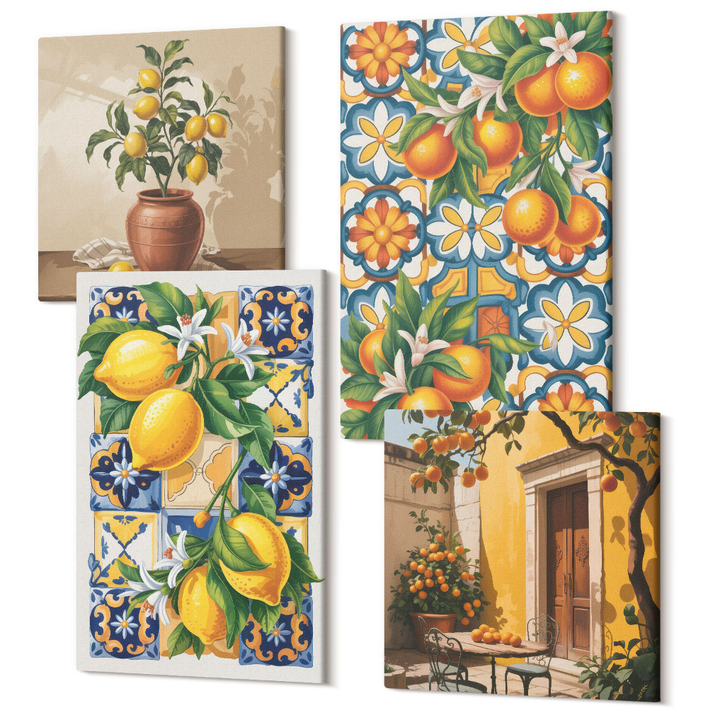 Négy részes vászonkép szett Citrom és narancsvirágok színes mintákkal