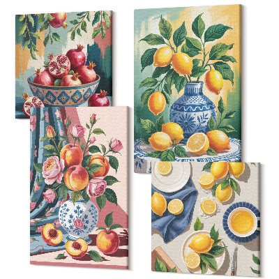 Négy részes vászonkép szett Festett virágok és gyümölcsök vázákban