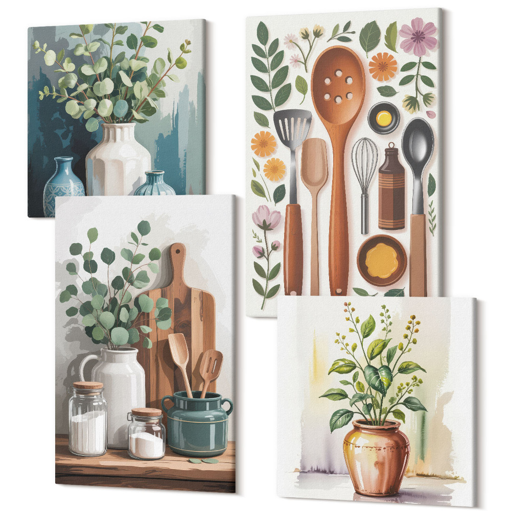 Négy részes vászonkép Konyhai kiegészítők növényekkel modern stílusban