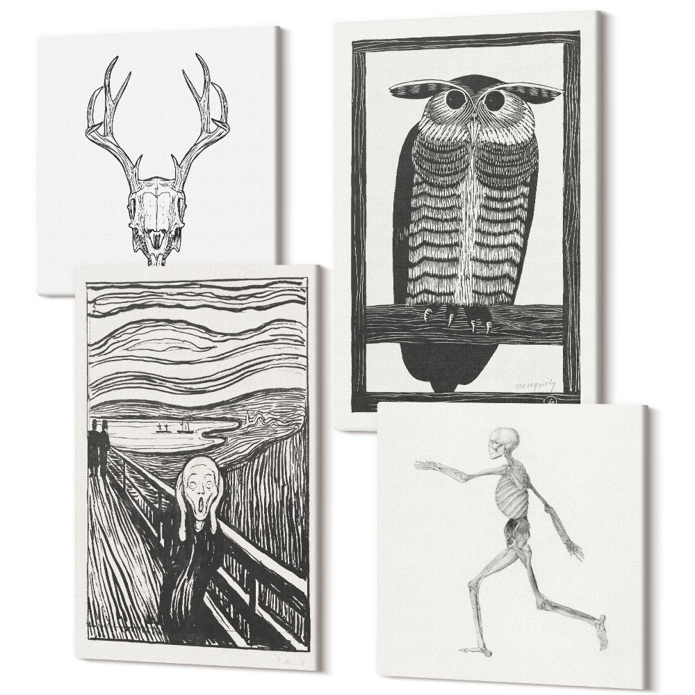 Négy részes vászonkép szett A Scream kép ihlette koponyával és bagollyal, grafikai stílusban