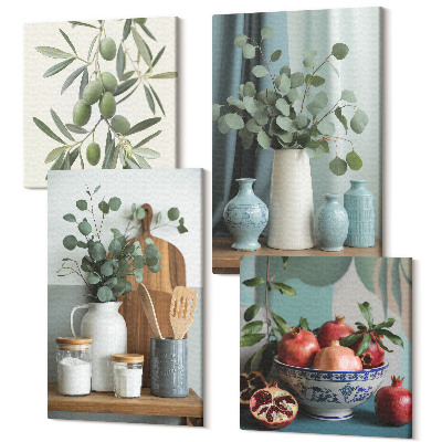 Négy részes vászonkép Zöld olajbogyó és eukaliptusz ágak esztétikus