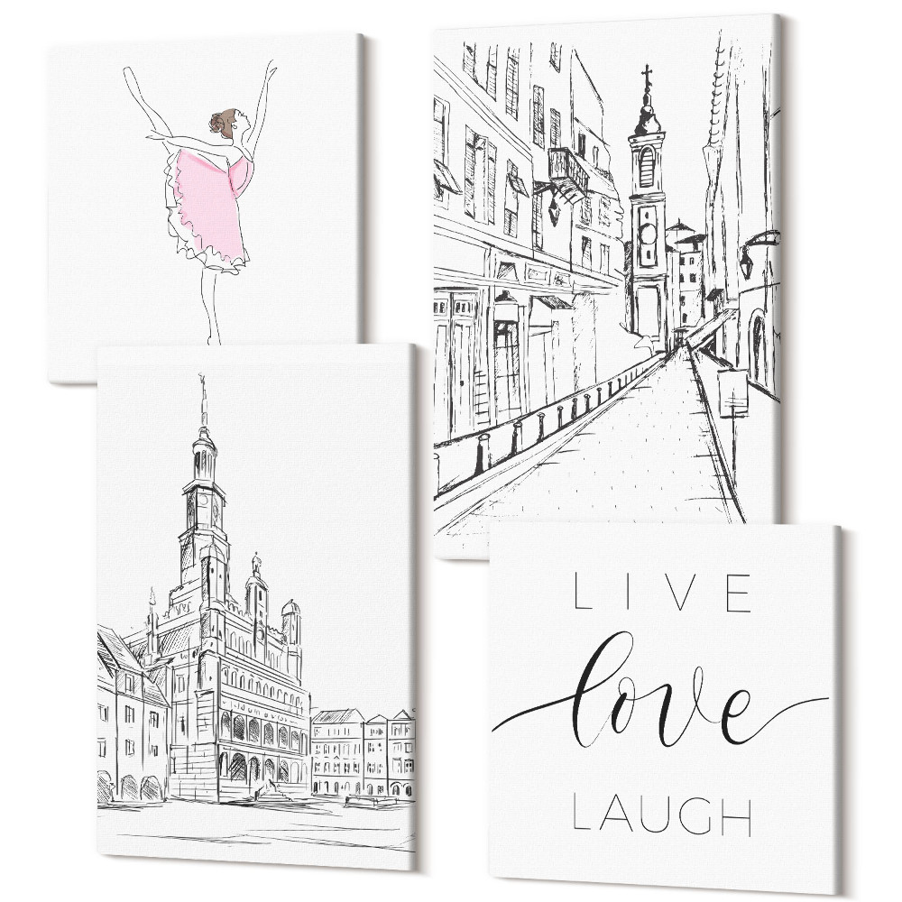 Négy részes vászonkép Stílusos festmények táncoló balerinával és szerelmes építészettel