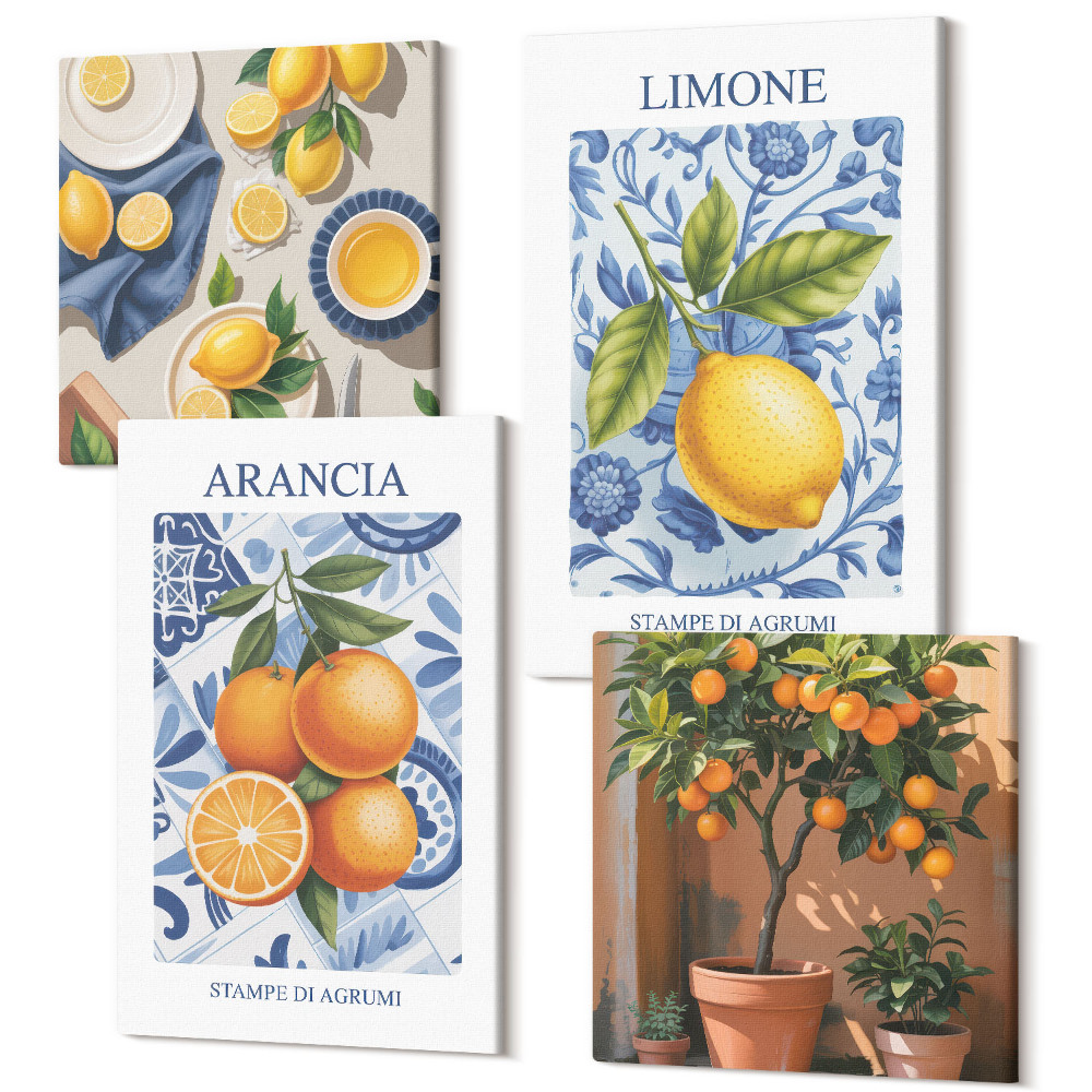Négy részes vászonkép szett Vintage citrusfélék illusztrációk