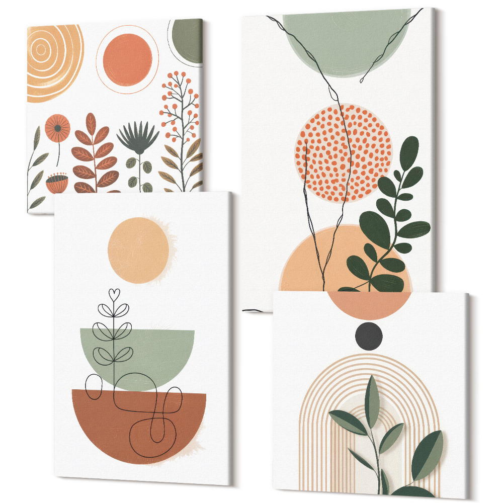 Négy részes vászonkép szett Absztrakt formák színes növényi motívumokkal