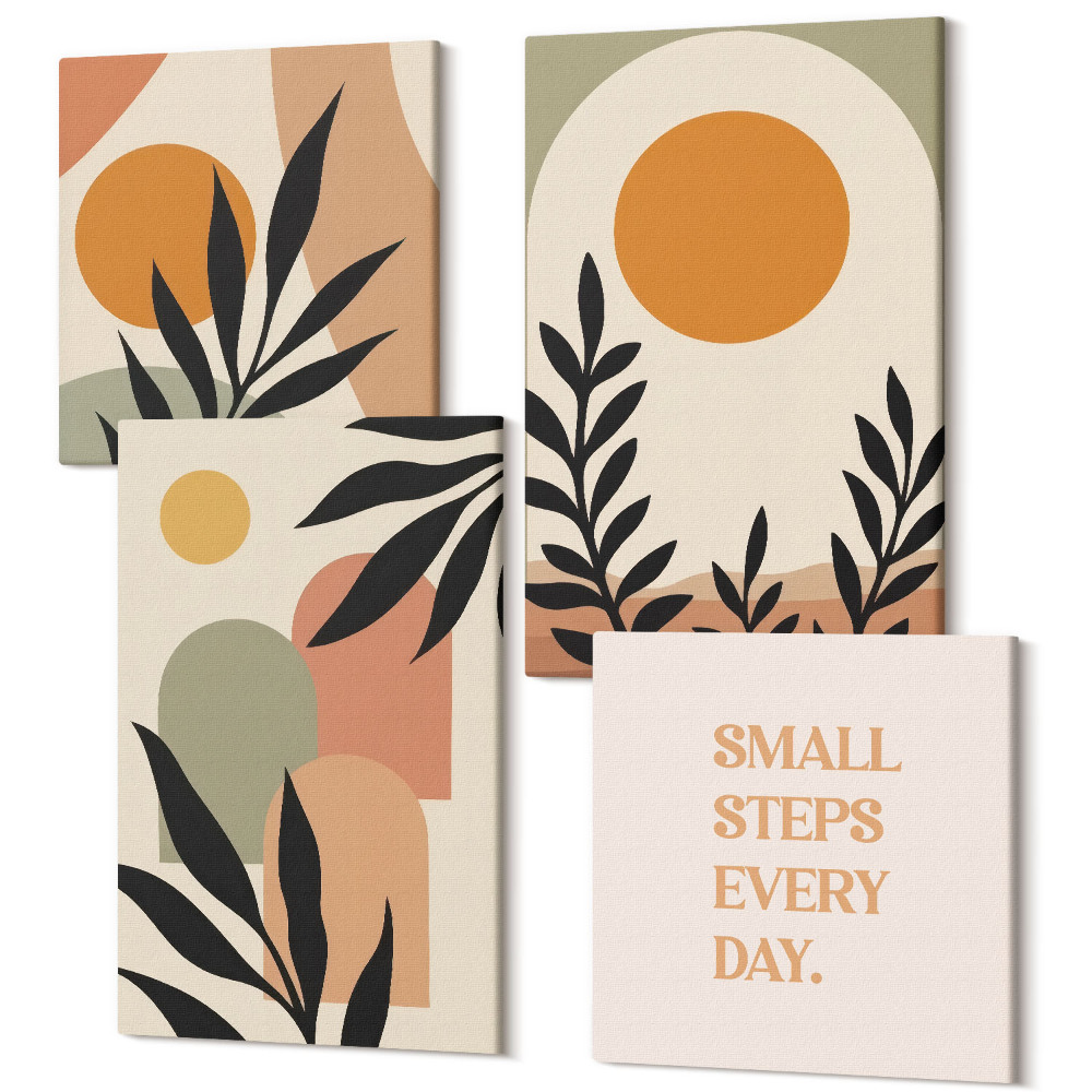 Négy részes vászonkép szett Absztrakt formák és növényi motívumok meleg színekben