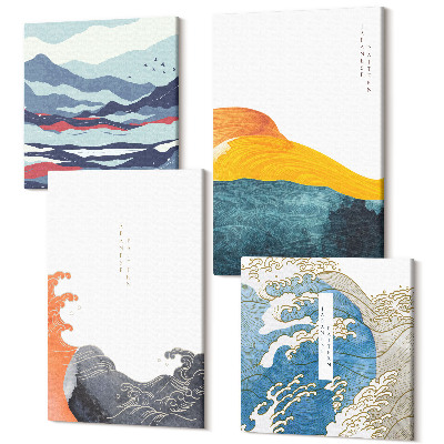 Négy részes vászonkép Hullámok és művészet japán grafikai stílusban