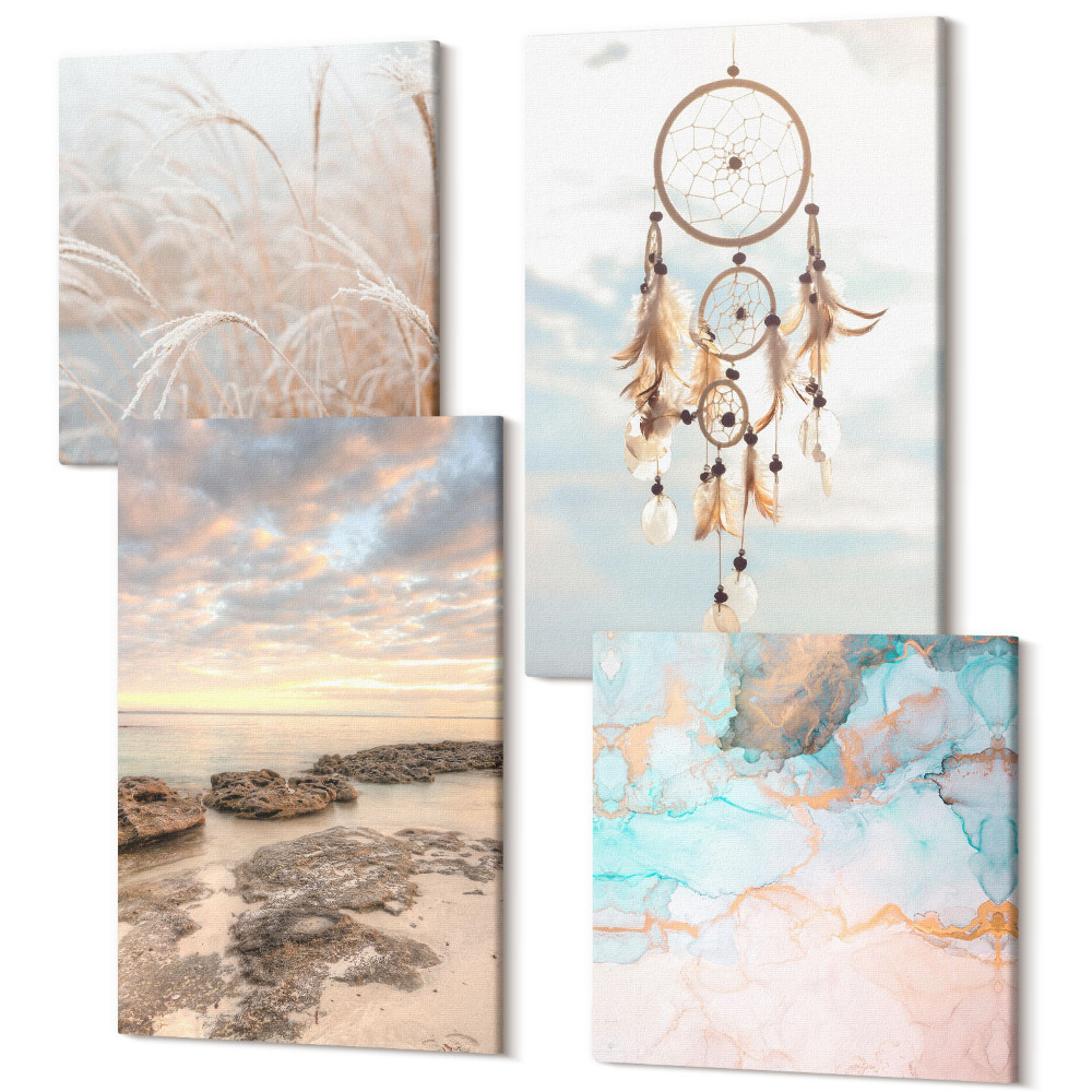 Négy részes vászonkép Tengerre néző felhőkkel, álomfogóval és fűvel