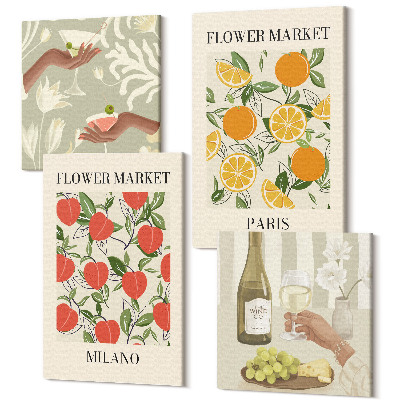 Négy részes vászonkép Virágos plakátok és bor Milánó Párizs