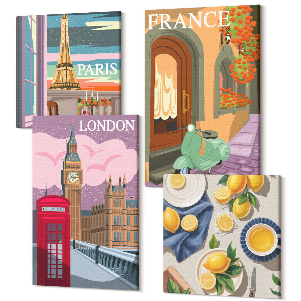 Négy részes vászonkép Párizs, London és Franciaország városképei citromok