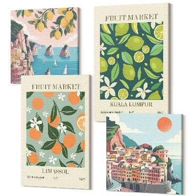 Négy részes vászonkép szett Gyümölcs minták vintage plakátok