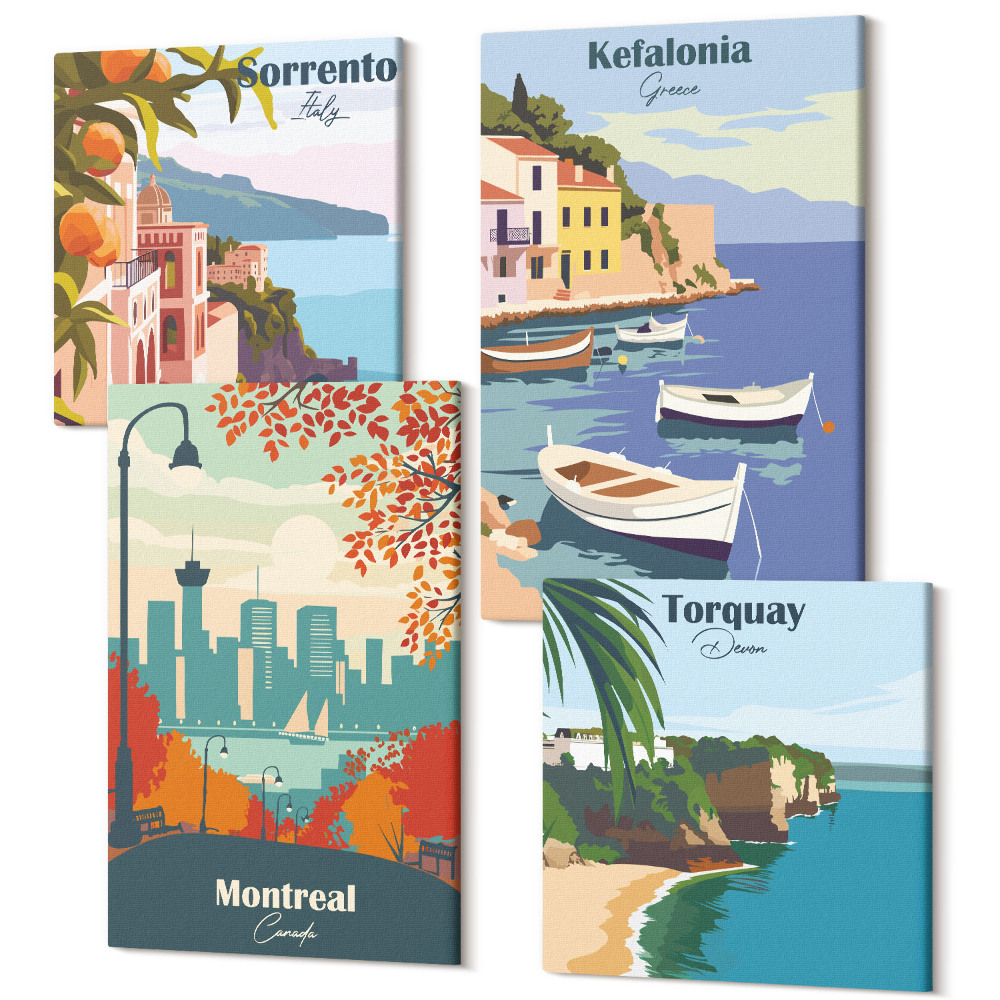 Négy részes vászonkép szett Retro kilátás a városokról és tájakról a világ minden tájáról