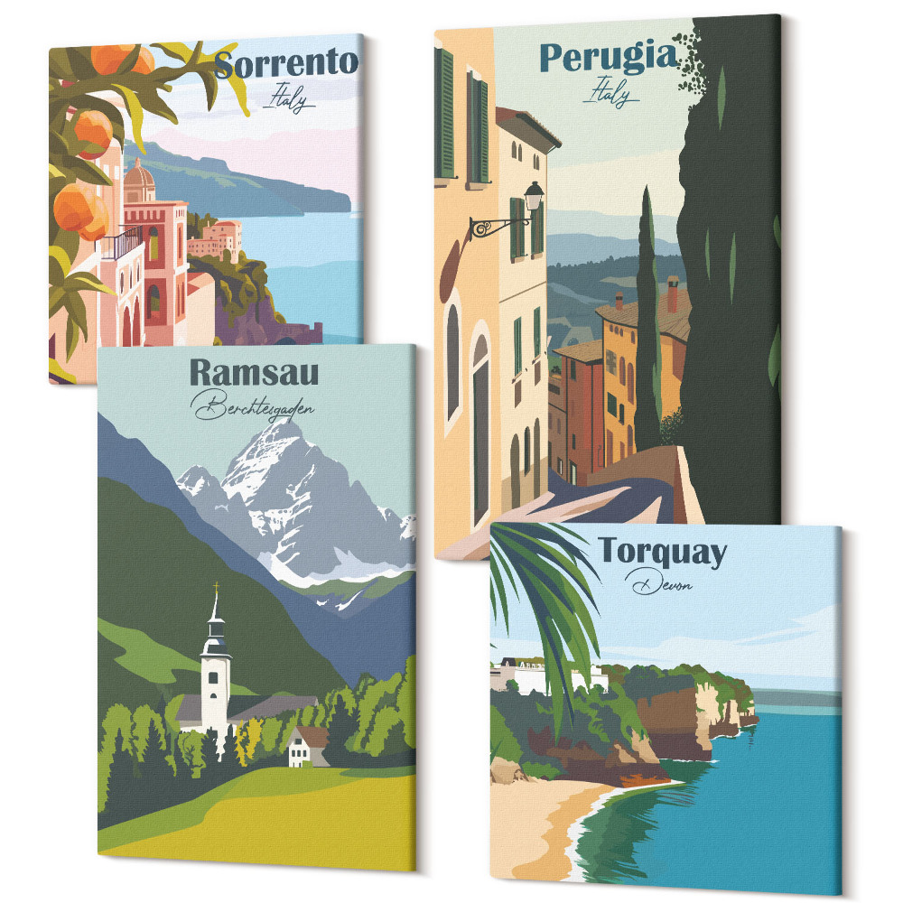 Négy részes vászonkép Hegyi tájak és európai városok utcái