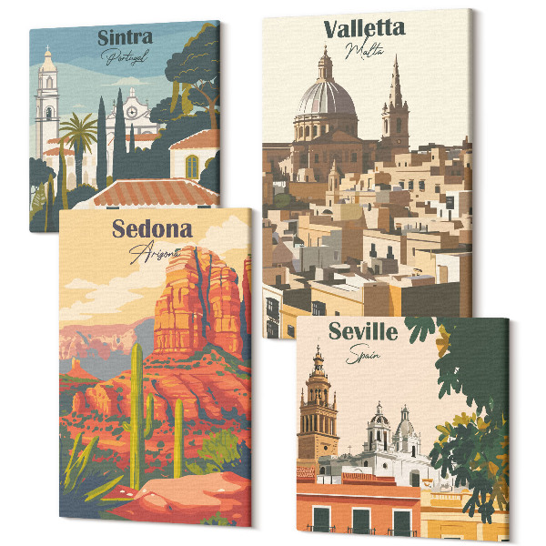 Négy részes vászonkép Sedona Sintra Sevilla Valletta retro városképei